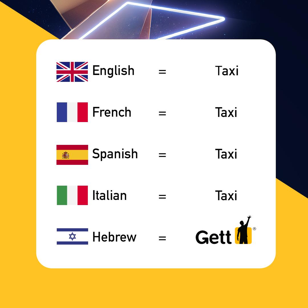 You’re probably not going to pick up that much Hebrew when you’re here, but you should know that Taxi = GETT Download now to redeem 10ILS for your first 5 rides in Israel: b.gett.com/euro