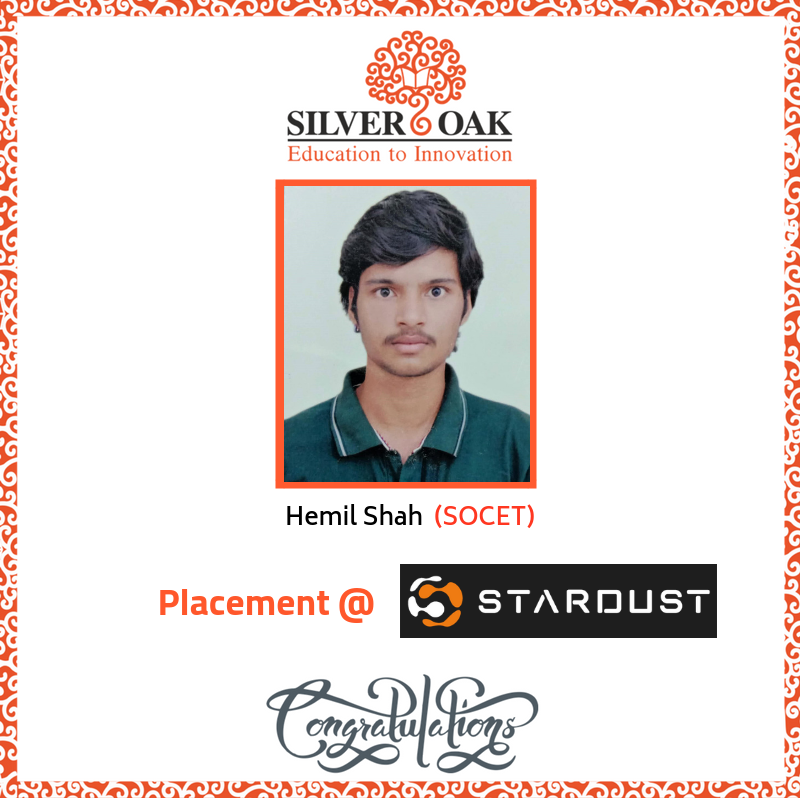 SilverOakUni's tweet photo. #Moment_Of_Pride
Our student Hemil Shah was placed at Stardust 3D Printers from 2019 batch of #EC department.
Congrats from the entire #SOGI family.
#Placement
#SilverOak
#Engineers
#Engineering
#Job
#SOCET
#ASOIT
#Ahmedabad
#Gujarat https://t.co/DIdHQKexLX