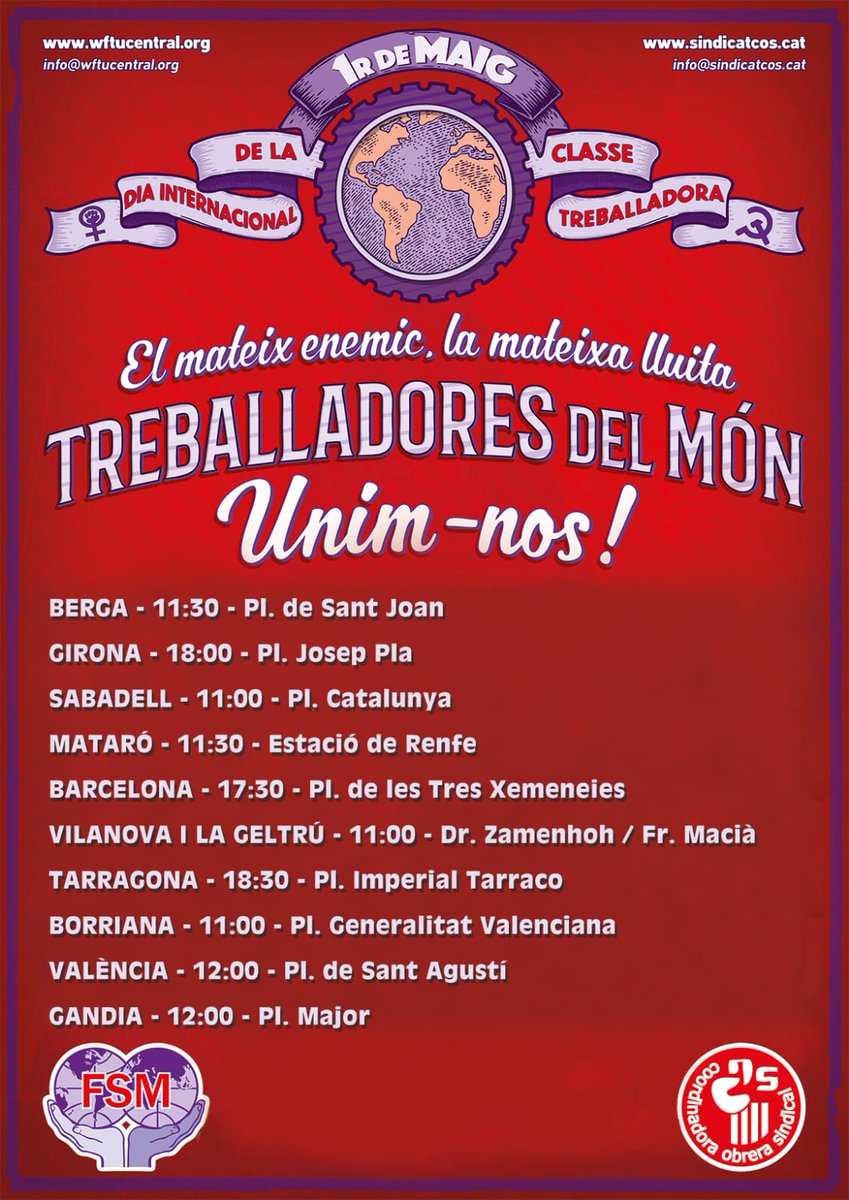 COSnacional's tweet photo. ✊🏼 El mateix enemic, la mateixa lluita. Aquest 1r de maig, sortim al carrer arreu dels #PaïsosCatalans perquè #SomClasseTreballadora i la lluita és l'únic camí.
🔊 TREBALLADORES DEL MÓN, UNIM-NOS!
🔗:https://t.co/BDMhtpv8u5 https://t.co/JfoFWNO8dM