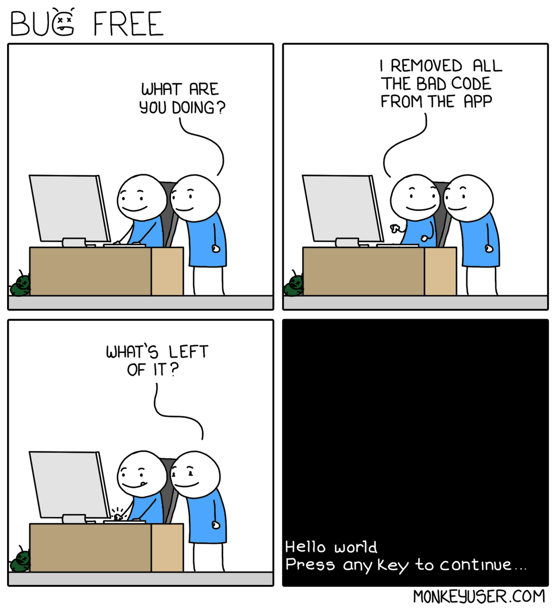 Bug Free (monkeyuser.com/2019/bug-free)