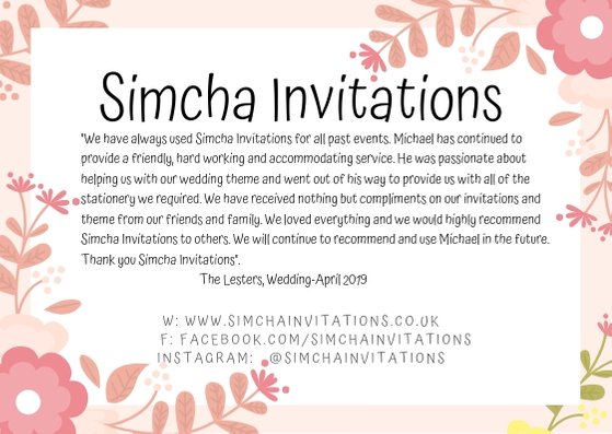 SimchaInvitati1's tweet image. Mazeltov to the very happy couple "Lesters". Wishing you a lifetime of happiness. Another happy "Simcha" review.
Contact Michael for a free 1-2-1 appointment 07958131295 or simchainvitations.co.uk
#Weddings #TableStationery #Kippot #Invitations #Benschers #BarMitzvah #BatMitzvah
