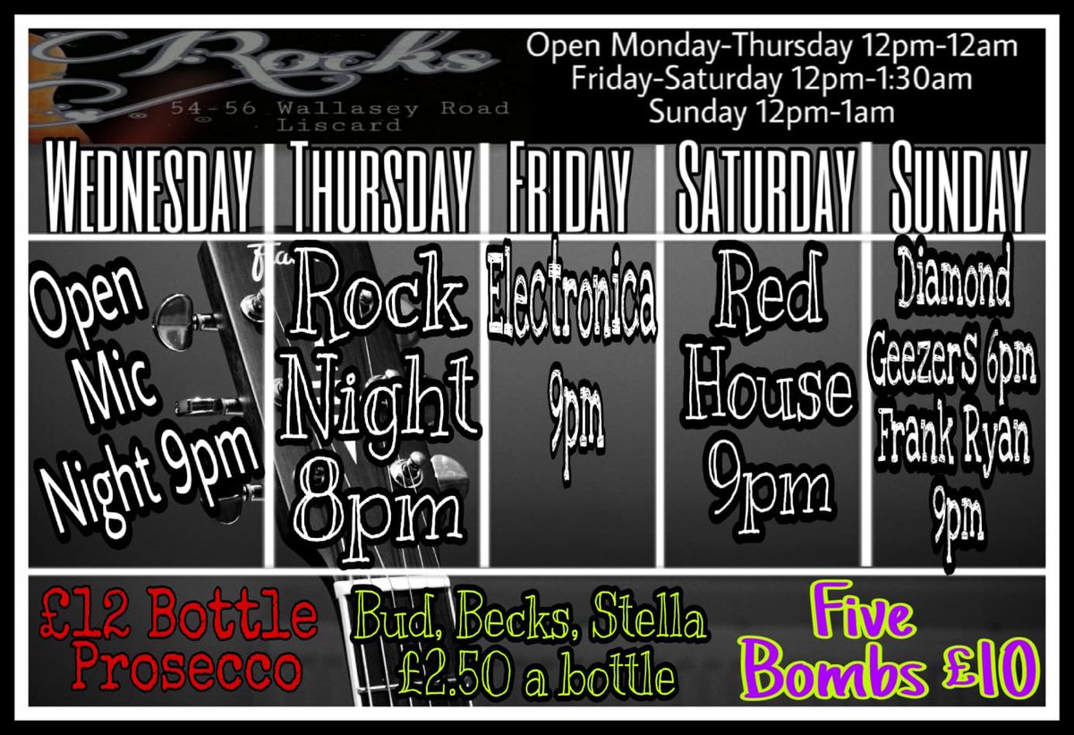 ROCKS2018's tweet photo. This weeks entertainment @ROCKS2018  join us for live music and drinks offers #party 🥃🍺🍷🍹🍻🥤🎷🎺🎸 https://t.co/jTcqZ7ZN6g