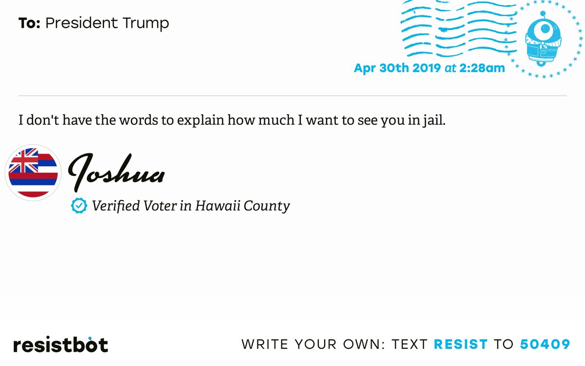 openletterbot's tweet photo. I just delivered this letter from Joshua in Paauilo, Hawaii to @realDonaldTrump #HIpols #HIpolitics #Resistbot https://t.co/BR2rxGpZBR