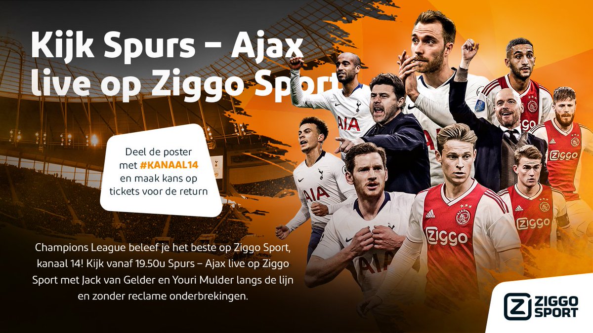 MATCHDAY! ⚽️ 

Natuurlijk kijk je Spurs - Ajax vanavond live op Ziggo Sport, kanaal 14. De hele avond analyseren we vanuit de studio, zonder reclameonderbrekingen (!).

Wil jij twee kaarten winnen voor de return in Amsterdam? 🎫🎫 RT dit bericht en maak kans! #totaja #kanaal14