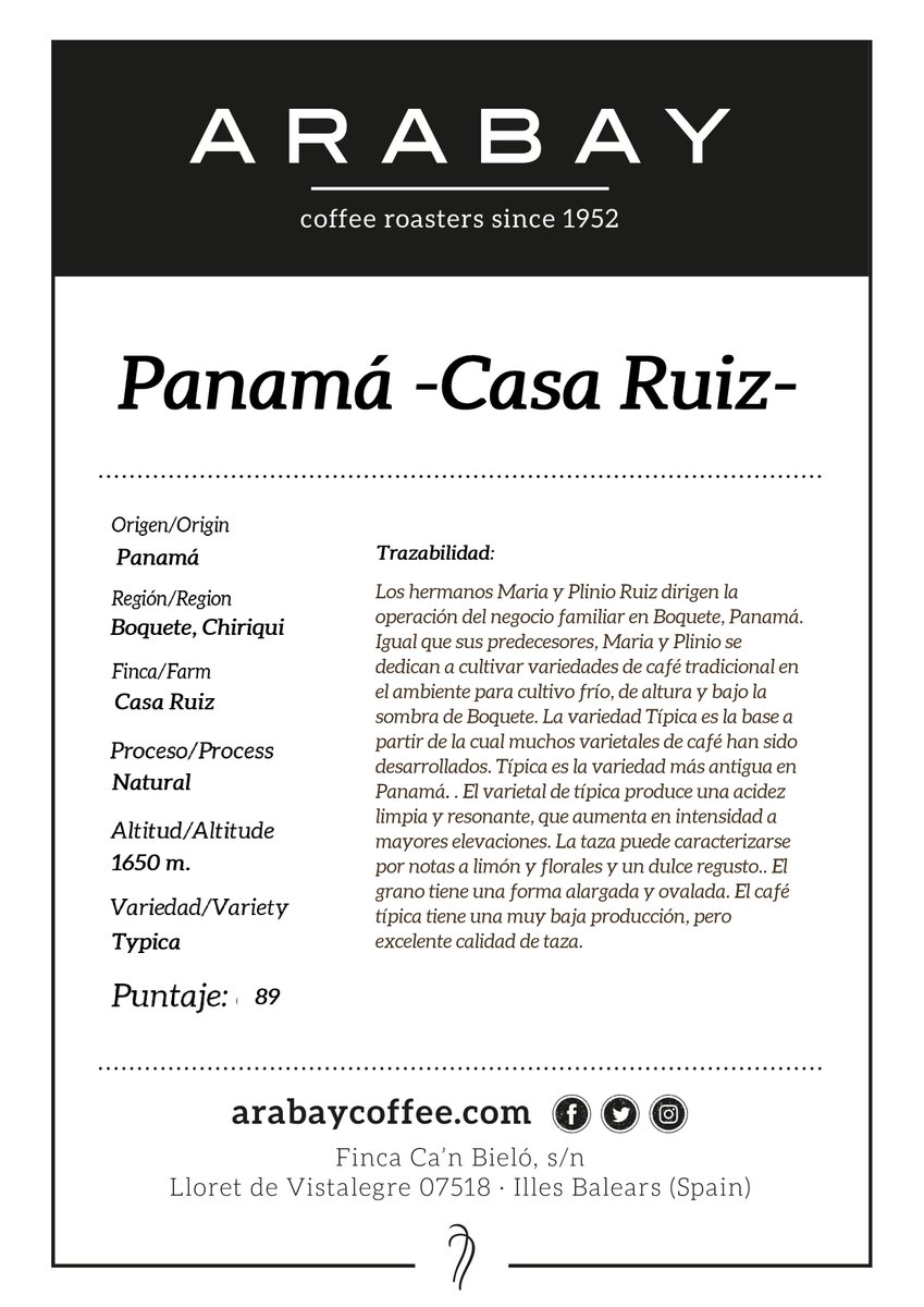 ArabayCoffee's tweet photo. ¡Martes! Desde #Panama nuestro #cafedelasemana: #CasaRuiz. Un café muy especial del cual hoy os dejamos su ficha, que os cuenta su historia. ¿Ya lo habéis probado? #ArabayCoffee #ArabayStore https://t.co/3FtBW1edL3