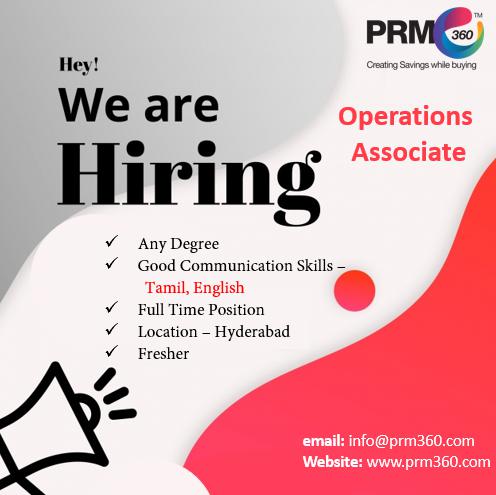 PRM360's tweet photo. #Job #JobPost #PRM360 is #hiring!!
#Tamil #Language #ChennaiJobs #job #MandateLanguage #TamilLanguage #ImmediateJoineejob
*Operations Associate | Fresher 
*Great communication skills - Tamil, English
Interested candidates share your #resume -info@prm360.com https://t.co/GrgFF1vDKl