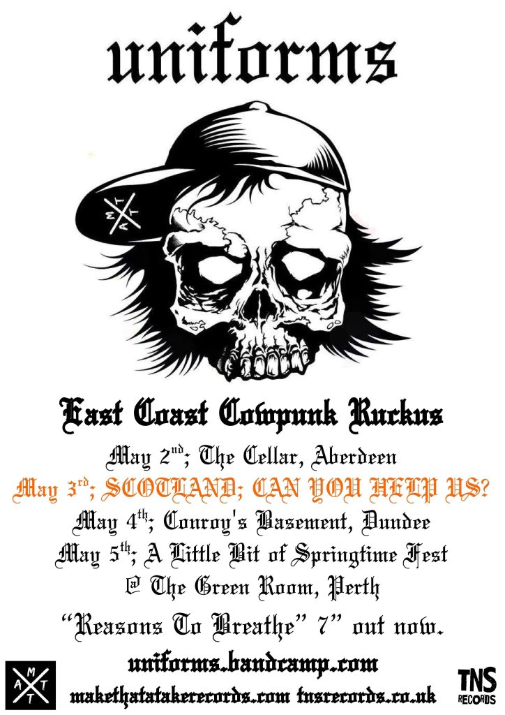 SCOTLAND; CAN YE HELP? 🏴󠁧󠁢󠁳󠁣󠁴󠁿

<a href="/weareuniforms/">uniforms</a> play Scottish dates this weekend. Forthside Festival in Stirling was cancelled.

Does anyone have a show going in central Scotland they could jump on this Friday? Anyone willing to throw together a last minute show?

All help appreciated!