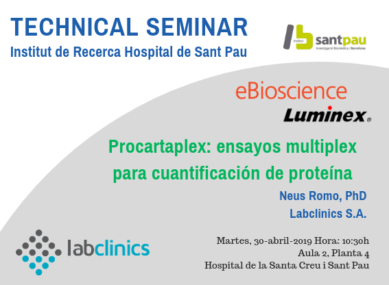 LabclinicsSA's tweet photo. Asiste a nuestro #seminario titulado: "Procartaplex: ensayos #multiplex para la cuantificación de proteína" impartido por Neus Romo, PhD en el @IIBSantPau @HospitalSantPau @Luminex #recerca #ebioscience #ppx
📆 Martes 30-abril, 10:30h
📌Aula 2, planta 4 https://t.co/X8nFX0ixbS