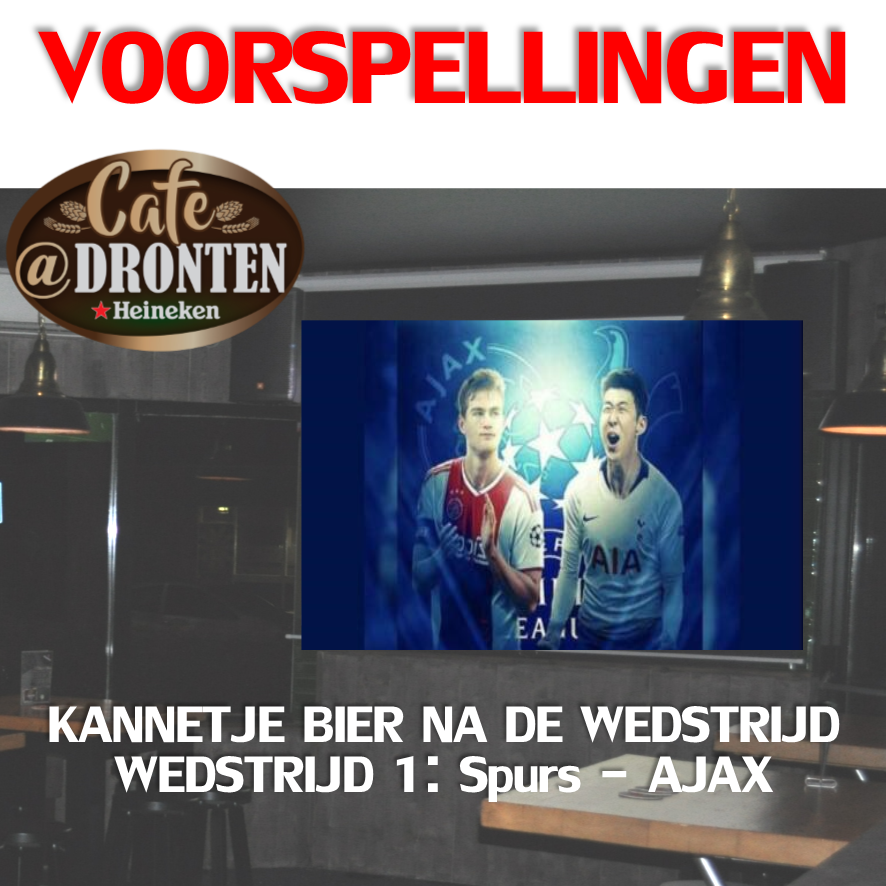 CafeOverkant's tweet photo. Tot vanavond: een Nederlands Elftal feestje in @AFCAjax stijl..... Geef je voorspelling door in FB bericht: (https://t.co/M3nHm0W1Sx) en ontvang je kannetje na de wedstrijd bij een juiste voorspelling.
1e wedstrijd voorspelling: @TottenhamHome - @AFCAjax https://t.co/EVP0ohT7QP