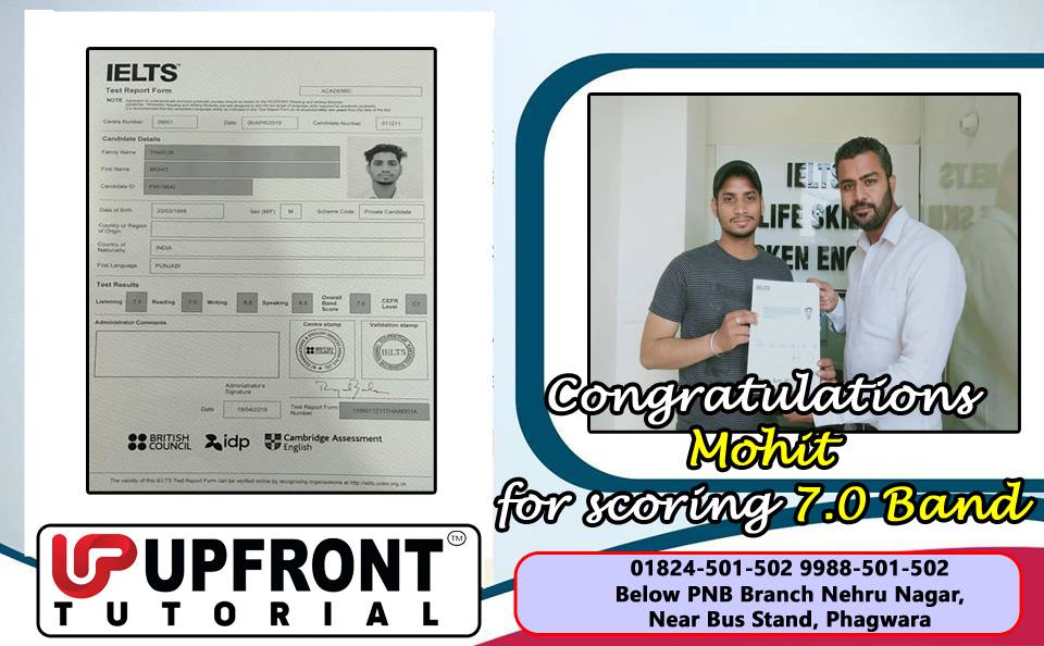 TutorialUpfront's tweet photo. Congratulation!! Mohit, for scoring 7.5 in listening and an  overall band score of 7.
 
 JOIN UPFRONT TUTORIAL.
 ☎01824-501-502
 9988-501-502
 
 #IELTSPhagwara #HighBandScore #ExpertGuidance #SpecialEveningBatches #UpfrontTutorial https://t.co/YRznHtdOF1