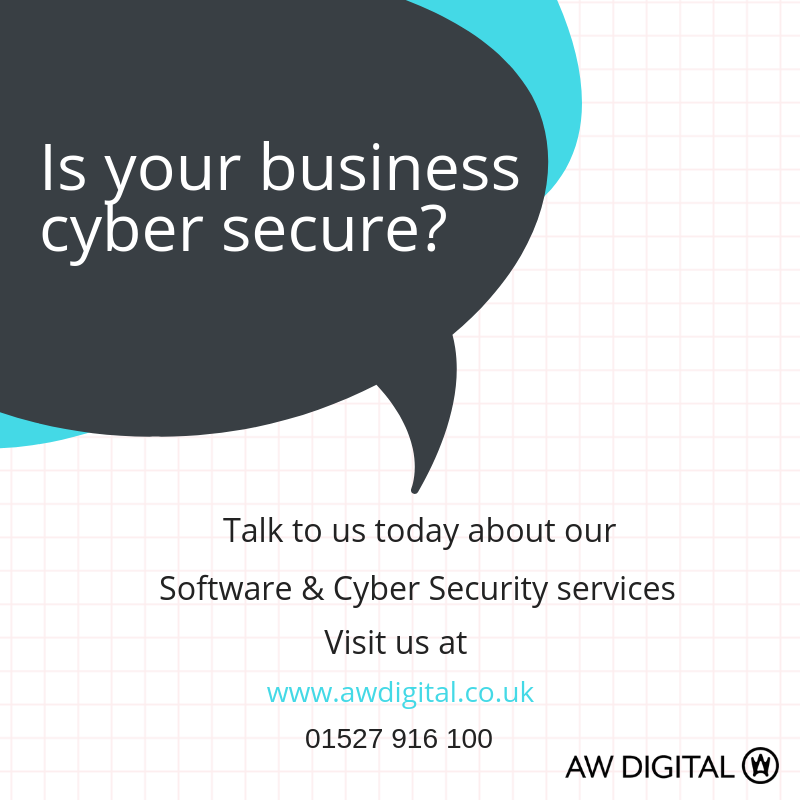 AWDIGITALUK's tweet photo. Is your business secure to cyber threats?  We can help!  Please call us on 01527 916100 for more information. #itsecurity #cyberessentials #itservices #redditch #worcestershire #tech #awdigital https://t.co/3zZjkKlmIu
