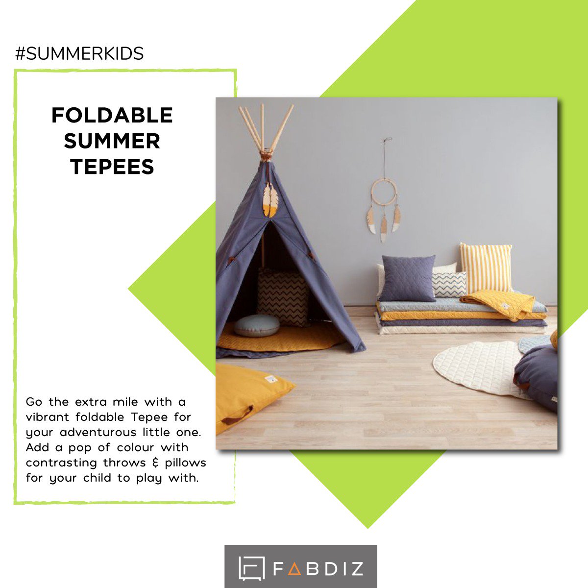 FabdizI's tweet photo. Tucked away in a corner of a bedroom or playroom, a kids teepee is a great play-time tool during the vacations. It can also be used as reading nook, a quiet space or just a cosy place to take a nap.
#SummerVacation #KidsRoomDecor #InteriorDesign #SummerDecor https://t.co/pWbD0yFGpw
