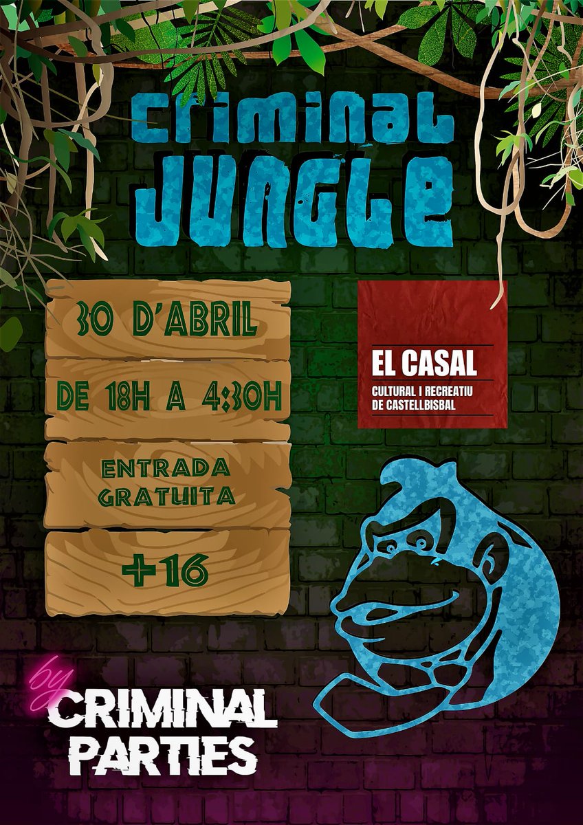 Avui tens festa popular al Casal Cultural i Recreatiu Castellbisbal de la mà de la #criminaljungle! Comptarà amb dos escenaris oberts de 18:00 a 4:30 h que oferiran música ininterrompuda i amb una exclusiva selecció de DJ'si estils musicals.
#castellbisbal #castellbisbalcultura