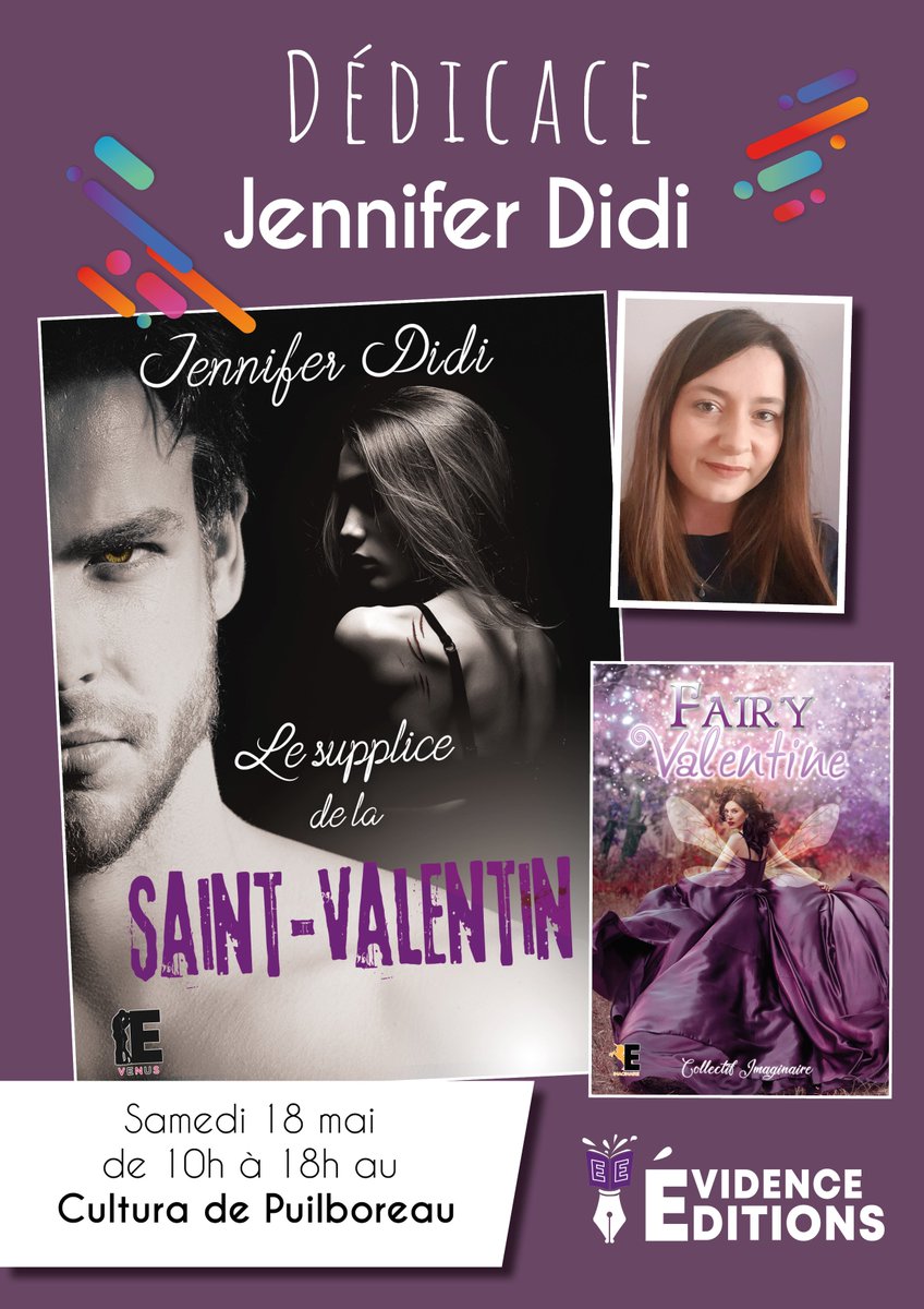 EvidenceEdition's tweet image. Retrouvez @JennDidi au @Cultura de Puilboreau (17) le samedi 18 mai de 10h à 18h. Elle dédicacera son livre "Le supplice de la Sain-Valentin" et le recueil collectif "Fairy Valentine". 

#dedicace #jenniferdidi #cultura #darkromance #sfff #larochelle