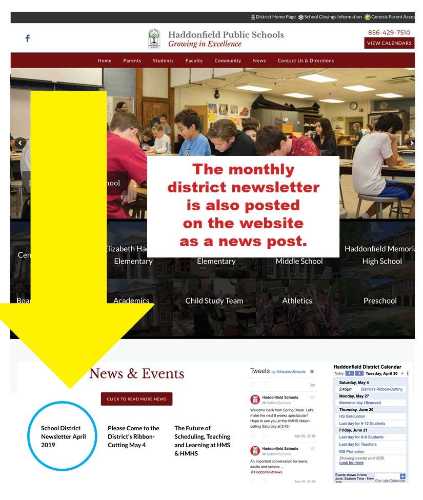 Friends, I emailed a link to the monthly district newsletter yesterday, 4/29. Remember, it is ALWAYS posted as a news item on our website as well. Enjoy! @HaddonfieldNews