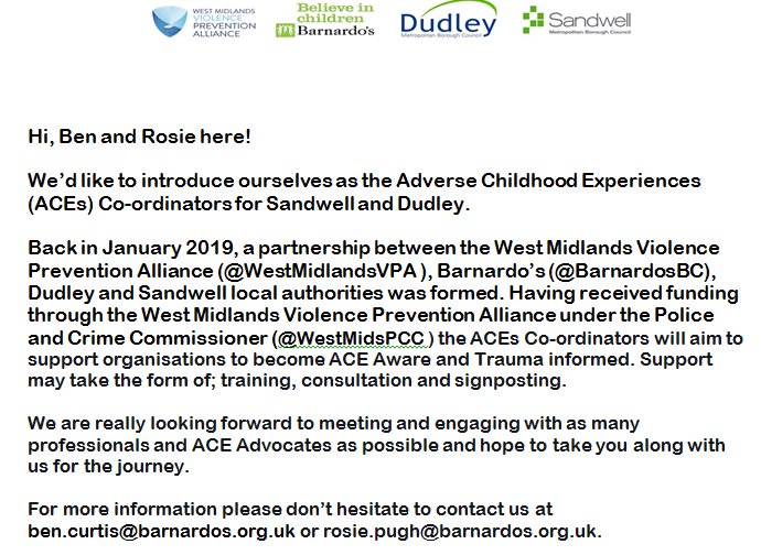 Hello Twitter! We'd love to introduce ourselves....
We're really looking forward to working in partnership with our colleagues across Sandwell and Dudley on our journey to becoming ACE Aware and Trauma Informed.
#ACEs #TraumaInformed #TraumaandResilience