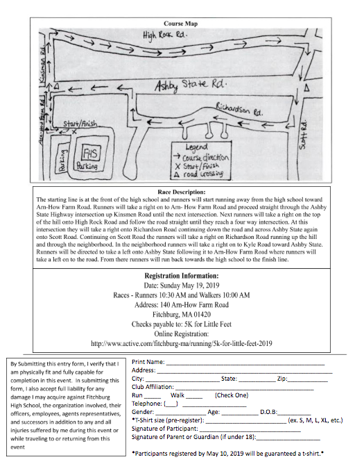 FitchburgPS's tweet photo. The 5K for Little Feet Road Race is a FHS event designed to provide sneakers for underprivileged children in the Fitchburg Public Schools and to help support the Fitchburg High School Unified Track program.
The race is on May 19 at FHS. @FHSathleticdept @Principal_FHS https://t.co/gCY7iozSEY