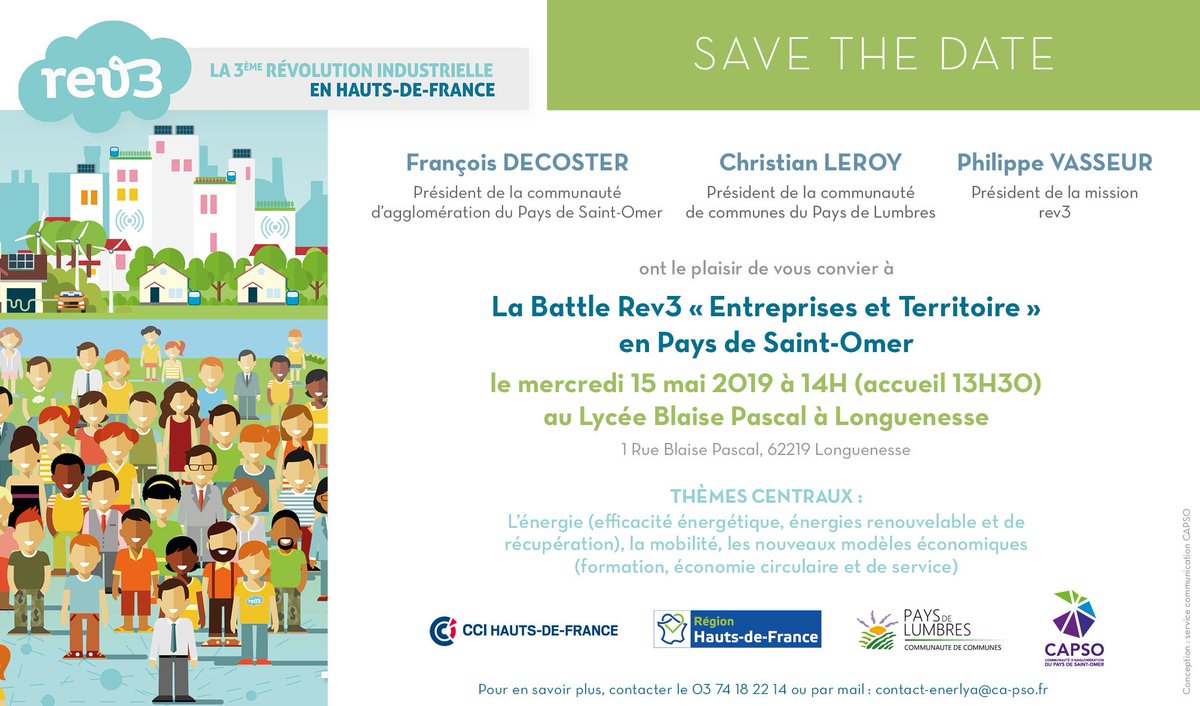 rev3's tweet photo. 🔜 Save the Date ! l'@AggloCAPSO organise le 15 mai prochain sa 1ère Battle @rev3  « Entreprises et Territoire » en pays de #SaintOmer 
📍rdv au Lycée #BlaisePascal à #Longuenesse  

Plus d'infos : https://t.co/aNUWeqs0bW https://t.co/vk7ohNpURF