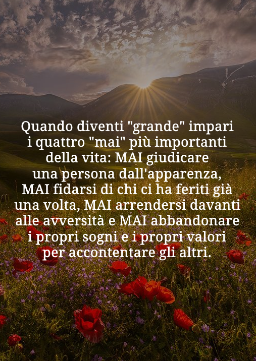 NonSoloAforismi's tweet photo. Quando diventi #grande #impari i 4 #MAI più importanti della #vita: MAI #giudicare una #persona dall'#apparenza MAI #fidarsi di chi ci ha #feriti già una volta MAI #arrendersi davanti alle #avversità MAI #abbandonare i propri #sogni e i propri #valori per #accontentare gli altri https://t.co/NeQ1A6Prhe