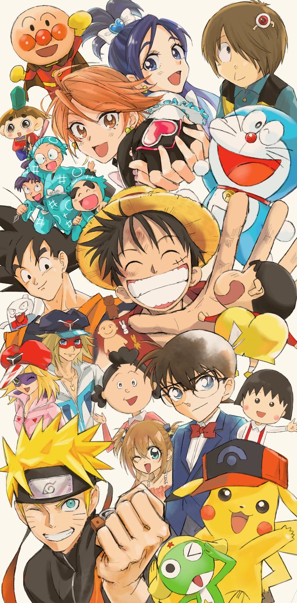 monkey d. luffy ,uzumaki naruto crossover multiple crossover multiple girls multiple boys hat 6+boys smile  illustration images