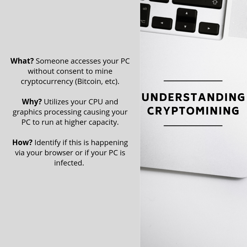 LantekComputers's tweet photo. Have you noticed that your PC has been slow? 
This could be a sign of a malware infection. The latest trend in malware has been CRYPTOMINING. Here's a quick bite on what CRYPTOMINING is. 
Remember, care needs to be taken when accessing peer-to-peer and cryptocurrency websites. https://t.co/Ts89NuUmxf