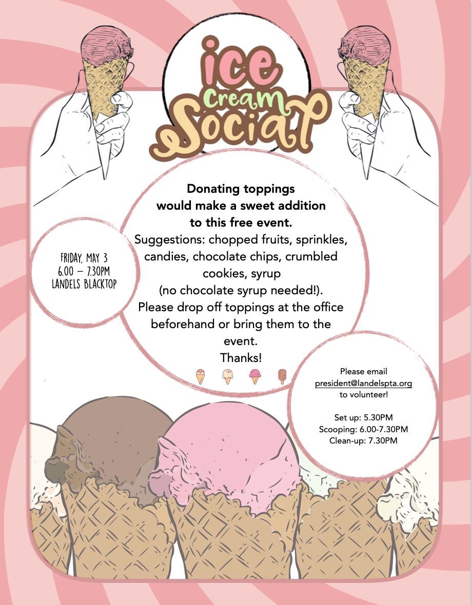 LandelsPta's tweet photo. Come to our ice cream social on Friday! Bring toppings! Welcome Bubb 🥰 https://t.co/tGJ1jk3BwB
