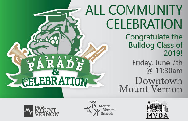 MVSchools's tweet photo. MARK YOUR CALENDAR to celebrate our 2019 Bulldog Grads with a GRADUATION PARADE through downtown Mount Vernon! 👩‍🎓👨‍🎓
June 7th, 2019 beginning at 11:30 am Please share this and let's invite our community to line the sidewalks with supportive cheers, congrats and signs!!🎉 https://t.co/Ji7aFTTkMI
