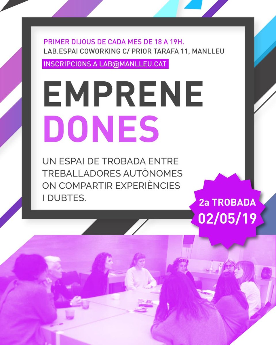 LabManlleu's tweet photo. Aquest dimarts torna l’#Emprenedones al @LabManlleu Un espai per a compartir experiències entre dones treballadores autònomes. Inscriu-te a lab@manlleu.cat https://t.co/pOKMy7Uch3