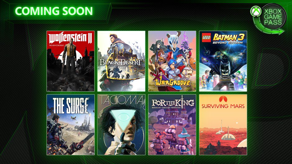 Wario64's tweet image. Xbox Game Pass May titles: bit.ly/2GIg0Ca

Wolfenstein II: The New Colossus 
Wargroove
Surviving Mars
Tacoma
Black Desert 
For the King
The Surge 
LEGO Batman 3 

6-months of Xbox Game Pass is $29.99 at Amazon (B1G1 free 3-month codes) amzn.to/2EsaLad