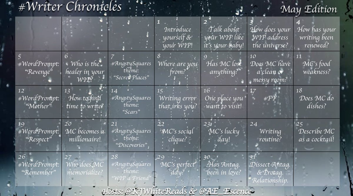 KJWhiteWrites's tweet image. Who is ready for the May edition of #WriterChronicles? Please join me and @AE_Escence for a month of fun! I can't wait to learn more about you and your #WIP! We're teaming up with #AngstySquares again and continuing our weekly writing prompt! PLUS I’M BACK!
#WritingCommunity