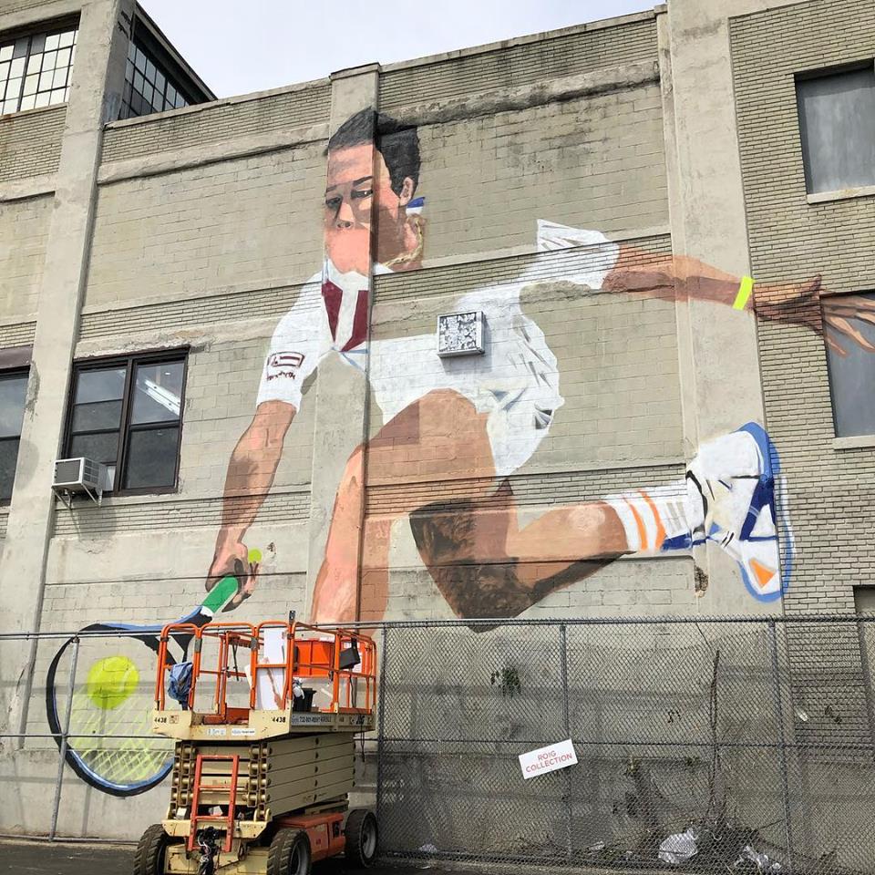 Malika__T's tweet photo. A mural of Michael Chang is being created in Hoboken, NJ where he was born. A nice way to celebrate the 30th anniversary of his epic win at Roland Garros in 1989. Link to the artist: https://t.co/3OM1M3DuBW 
@mchangtennis  @jon_wertheim @BenRothenberg @keinishikori https://t.co/L1QLI5EkEE