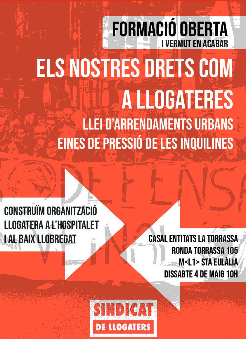 Necessitem dues coses per aconseguir un habitatge digne. 
1. Formar-nos ✏️📚
2. Unir-nos 👫👭👬
Dissabte formació sobre els drets dels llogateres i eines de pressió al Casal d'Entitats de la Torrassa L'Hospitalet. #ensquedem
#lhospitalet #lh #BaixLlobregat