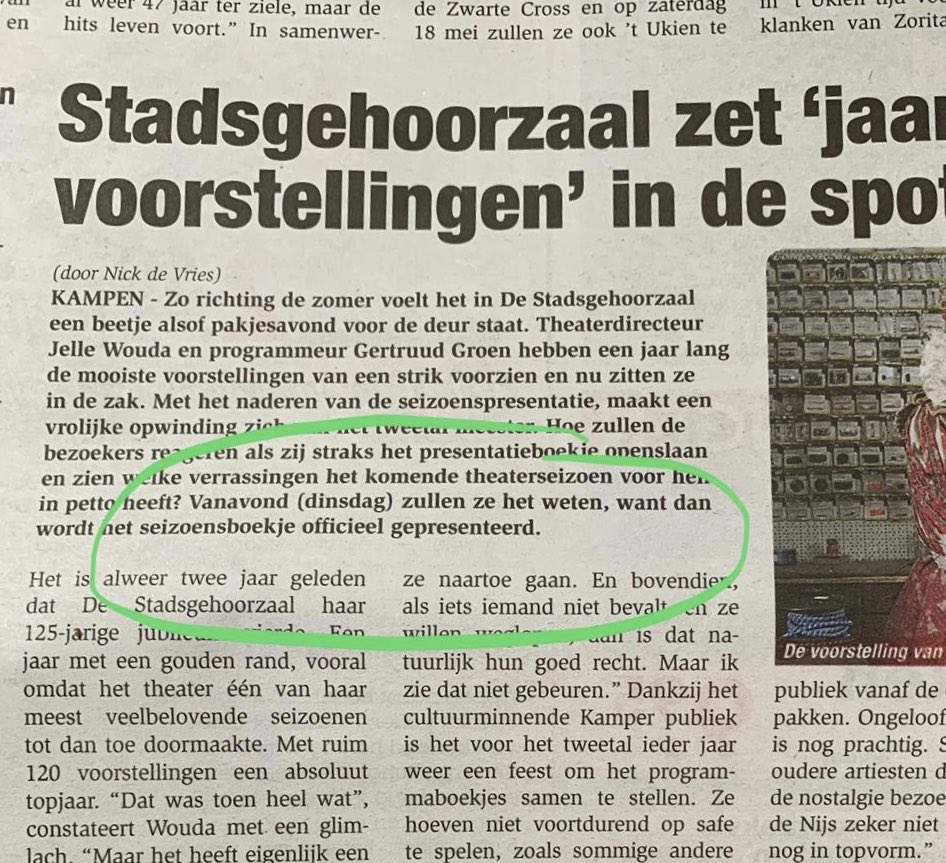 Leuk artikel in <a href="/Brugnieuws/">De Brug</a> vandaag! Maarreh....wel een week te vroeg. Onze seizoenpresentatie is volgende week dinsdag pas, mensen! Dan is het grote (gratis!) feest met heel veel previews en een fonkelnieuw seizoenboekje voor elke bezoeker!