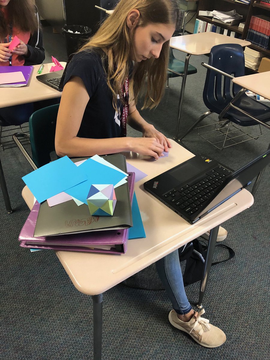 Butlersmath's tweet photo. Origami solids ⁦@spmeagles⁩ ⁦@RichlandTwo⁩ #geometryrocks https://t.co/t22UoRiqXX