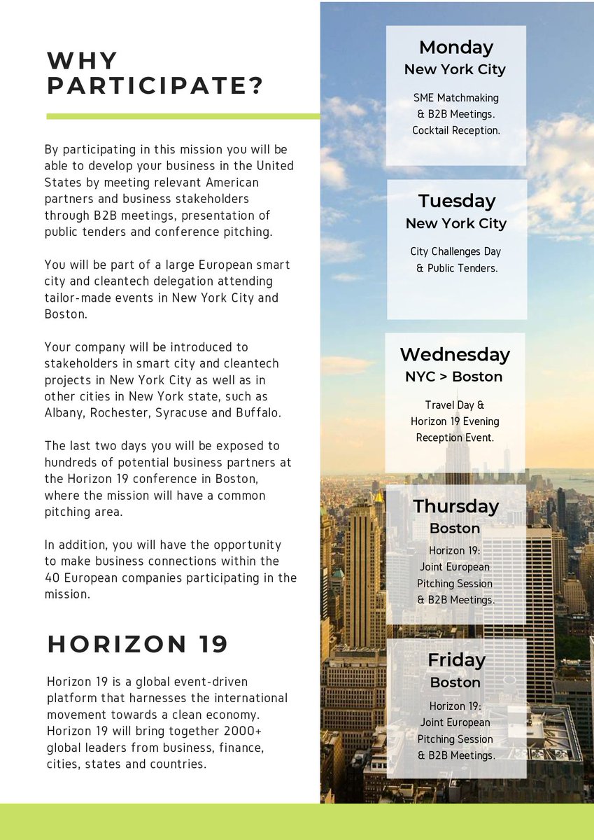 SmartCityTech (@smartcity_tech) on Twitter photo Prepare your next deal with the US market by joining the mission we are organizing to #NewYork and #Boston between 16 to 20 September. If your company develops #SmartCity or #Cleantech technologies, check the info: bit.ly/2ZLsiSX
#escp4i <a href="/Clusters_EU/">European Cluster Collaboration Platform (ECCP)</a> @EU_EASME <a href="/EC2i1/">EC2i</a> Prepare your next deal with the US market by joining the mission we are organizing to #NewYork and #Boston between 16 to 20 September. If your company develops #SmartCity or #Cleantech technologies, check the info: bit.ly/2ZLsiSX
#escp4i <a href="/Clusters_EU/">European Cluster Collaboration Platform (ECCP)</a> @EU_EASME <a href="/EC2i1/">EC2i</a>
