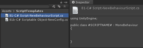 MassiveMiniteam's tweet image. Want to create or edit script templates?

1. Create folder 'Assets/ScriptTemplates'
2. Inside, create txt file '81-C# Script-NewScript.cs.txt'
Name: '[menu index]-[menu name]-[default name].txt'
3. Edit file. Use '#SCRIPTNAME#' as placeholder
4. Restart Unity

#UnityTips #unity3d