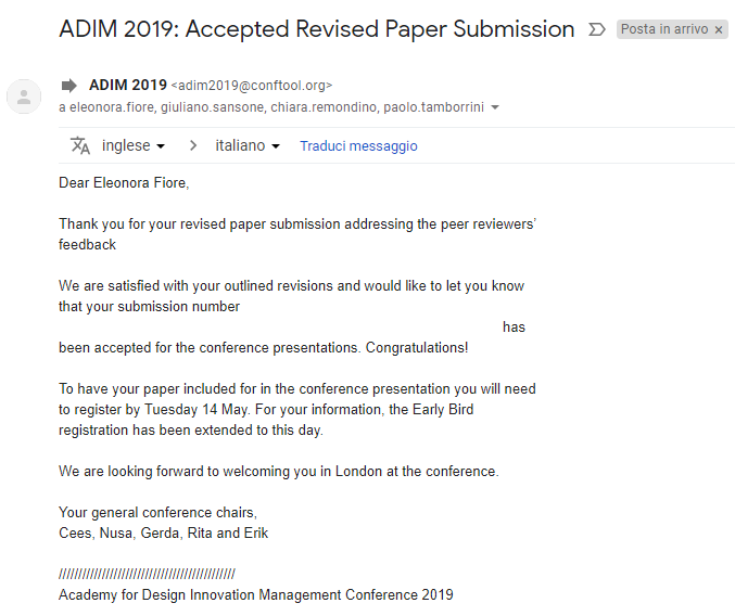 Our paper has been accepted for the <a href="/designinnovmgmt/">Academy for Design Innovation Management</a> conference. Great work <a href="/eleonora_fiore_/">Eleonora Fiore</a>, <a href="/chiararenza/">Chiara Remondino</a> and <a href="/tamborrini/">paolo tamborrini</a>! #ADIM2019