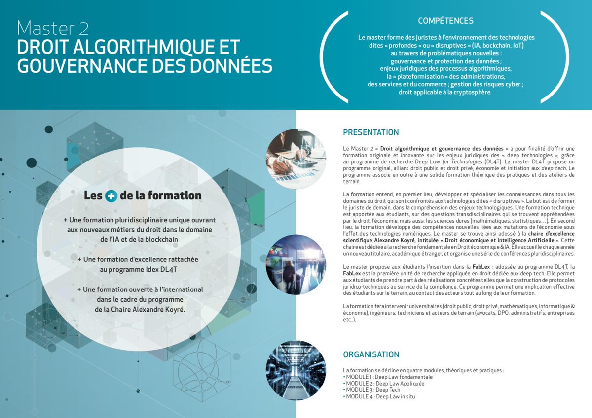 C_LeqRth's tweet image. J’ai le plaisir, et le grand honneur, de vous annoncer l’ouverture du Master II Droit algorithmique et Protection des données que je dirigerai à la rentrée prochaine. @DL4Torg @uca_education @DroitScPoNice 
Le programme 🔽 
Informations complémentaires : dl4t.org/master-dl4t/