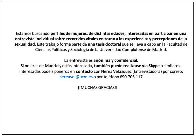 NereaVBerrio's tweet photo. Hola! Hago un llamamiento a la participación. Estoy realizando entrevistas para mi tesis. Necesito perfiles de mujeres, de distintas edades, que les apetezca colaborar en una entrevista en profundidad sobre las vivencias y percepciones de sexualidad [Abro hilo] https://t.co/sS1rqC2BBQ