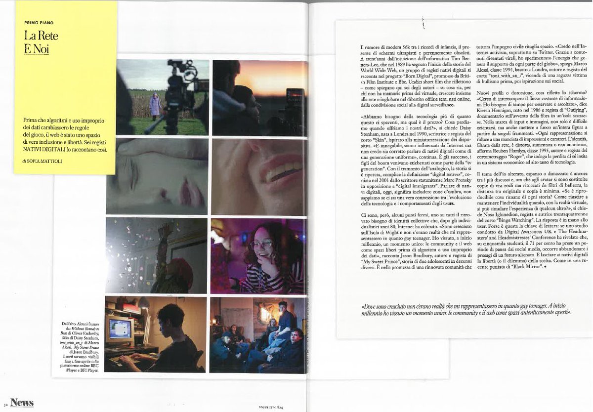 Wonderful to talk to Sofia Mattioli for @vogueitalia about our film Skin as part of her piece on digital natives.