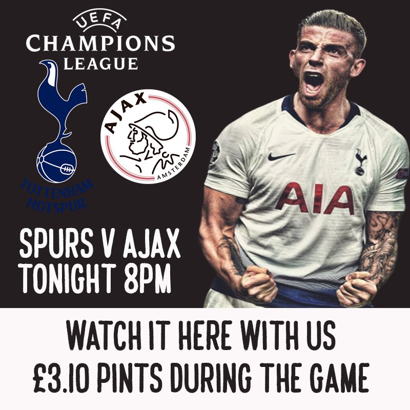 Themagnetbarde1's tweet photo. ⚽️Champions League Semi Final Day

Ajax have been the surprise package in this seasons Champions League, having already eliminated Real Madrid and Juventus will they add Spurs to that list??

Watch it all here with us 
🍻 📺 

£3.10 pints during the game
⚽️🍺 https://t.co/zSczY1bsRM