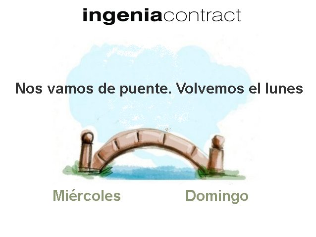 IngeniaContra's tweet photo. ¡Feliz puente para quien lo tenga y #FelizDiaDelTrabajador para todos! Volvemos el lunes. #ingeniacontract https://t.co/be014DntQq