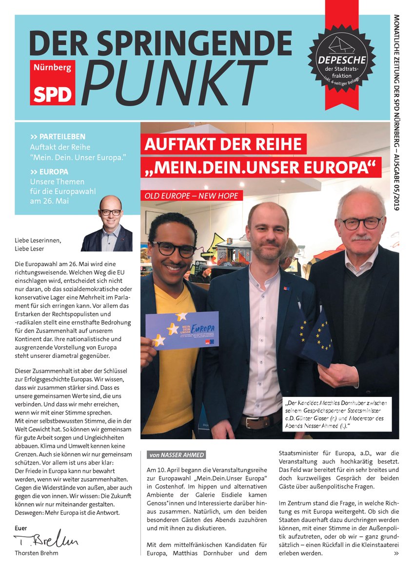 Unsere Parteizeitung gibt es jetzt im neuen Layout! #derspringendepunkt informiert über unsere Themen, Veranstaltungen und Termine. Reinschauen lohnt sich! Die Maiausgabe gibt es hier: t1p.de/8q3v #dsp #nuernberg #spd