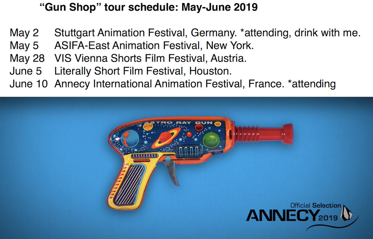 Very excited to screen my first stop motion animated short "Gun Shop" in  <a href="/itfs/">Stuttgart Festival of Animated Film (ITFS)</a> Stuttgart this week, here's tour schedule for May and June: <a href="/LiterallyShortF/">Literally Short FF</a> <a href="/annecyfestival/">Annecy Festival</a> Let me know if you're attending, would love to say hello! #filmfestival #animation