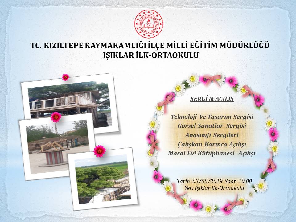 Ağaç kütüphane ve çalışkan karınca heykelimizin açılışı ve yıl boyunca yapılan çalışmalarımızın sergisine davetlisiniz.
<a href="/mardinilmem/">Mardin İl Millî Eğitim Müdürlüğü</a> @kiziltepemem <a href="/tcmeb/">Millî Eğitim Bakanlığı</a> <a href="/yakup1219/">Yakup SARI</a> @sakin4747 <a href="/Yusufduyan47/">yusuf duyan</a>