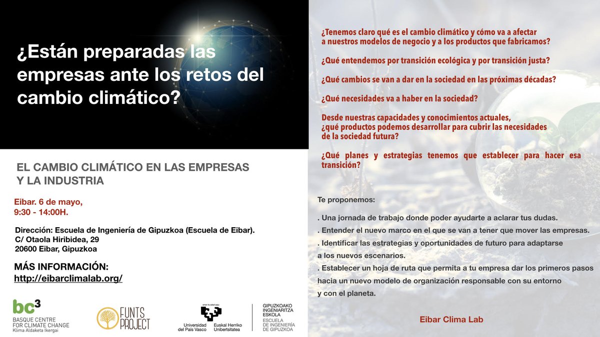 Circular_Hub's tweet photo. Os recomendamos el #Seminario de @EibarClimaLab y @FuntsProject sobre #CambioClimáitco, en el que se trabajará como este afecta a las #Empresas, y cuáles son los riesgos y oportunidades que acarrea para las mismas. Más información: https://t.co/8RxSBV9byZ https://t.co/bXotybarZc