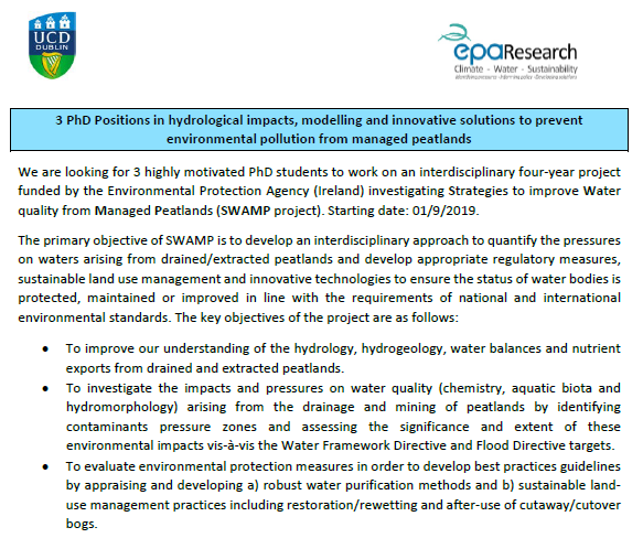 UCDSBES's tweet photo. We are recruiting 3 PhD students to work on an interdisciplinary four-year project funded by the EPA (Ireland) investigating Strategies to improve Water quality from Managed Peatlands (SWAMP project). Full details here;
https://t.co/kFdJ081FVF #UCDEarth #ucdscience https://t.co/bHVp7xiEcj