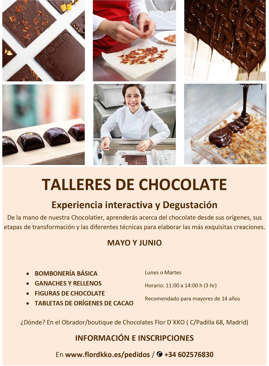 En Mayo y Junio te invitamos a nuestros Talleres de Chocolate: Bombonería, Ganache y Rellenos, Figuras y Tabletas en Flor D´KKO. Una sesión didáctica de la mano de nuestra chocolatier donde pondrás en práctica lo aprendido, más info en flordkko.es/pedidos