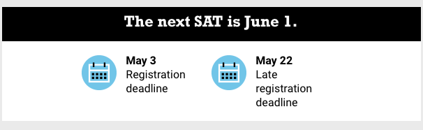 Students:  This Friday 5/3 is the registration deadline for the June 1 SAT! Be sure to register to avoid a late fee!  See your Guidance Counselor if you have questions. 

collegereadiness.collegeboard.org/sat/register/d…