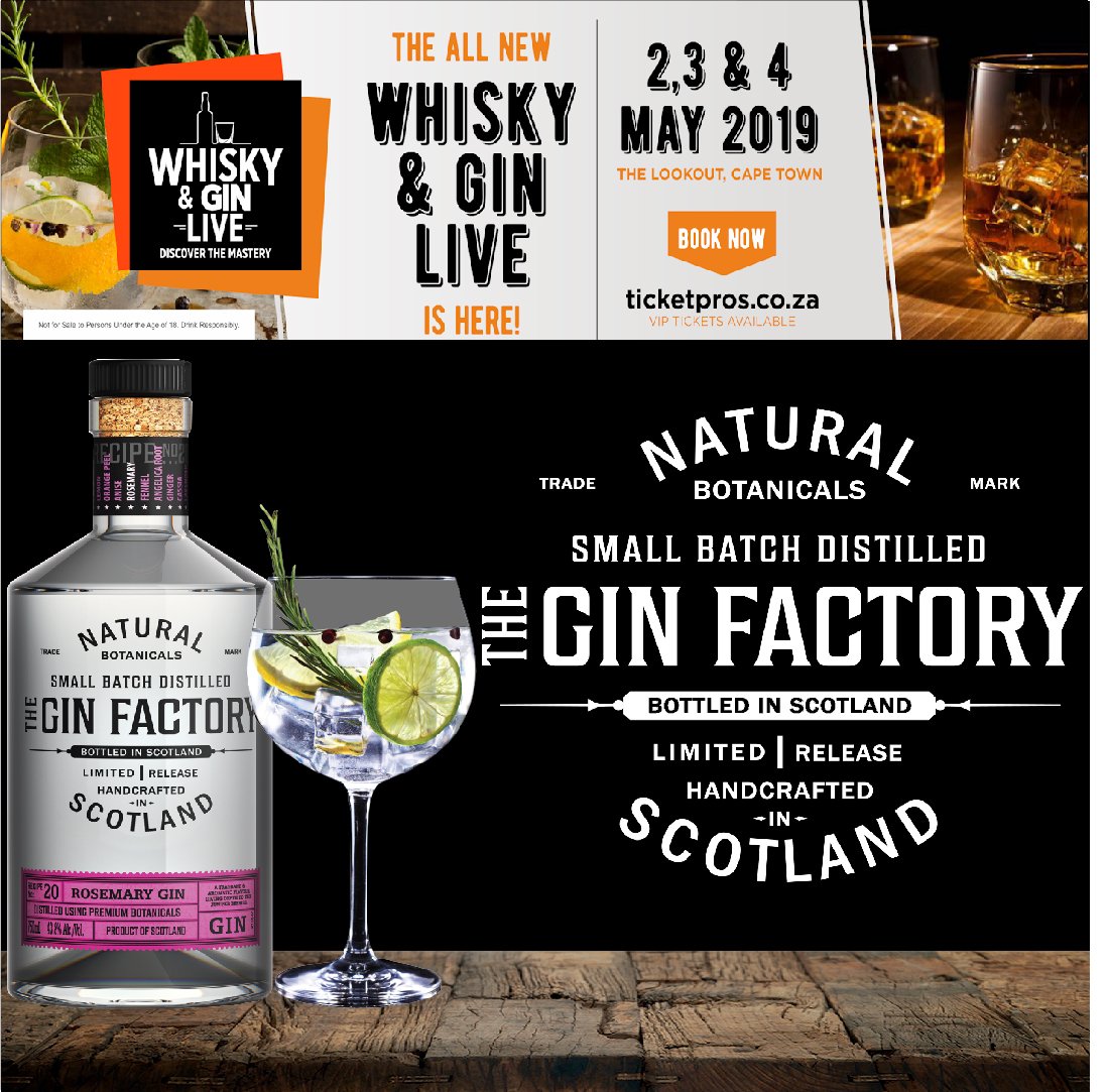 Join <a href="/TGFGinFactory/">The Gin Factory Gin</a> Rosemary-Infused Scottish Gin, at this year's Whisky &amp; gin Live Celebrations in Capetown from the 2nd to the 4th of May.
See you there!!!
#TGFtheginfactory #Gin #cocktails #Scottish #ginandtonic #ginfestival #botanical #rosemary #drinkresponsibly